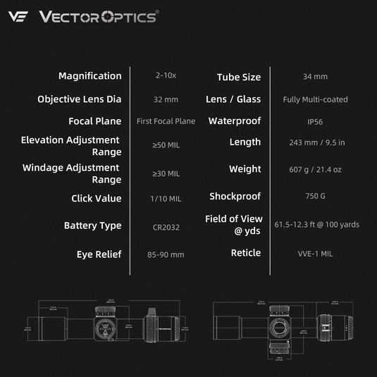 Veyron GenII 2-10x32 HD CTR Rifle Scope (SCFF-83) for AR-15 | Target Shooting & Varmint Hunting